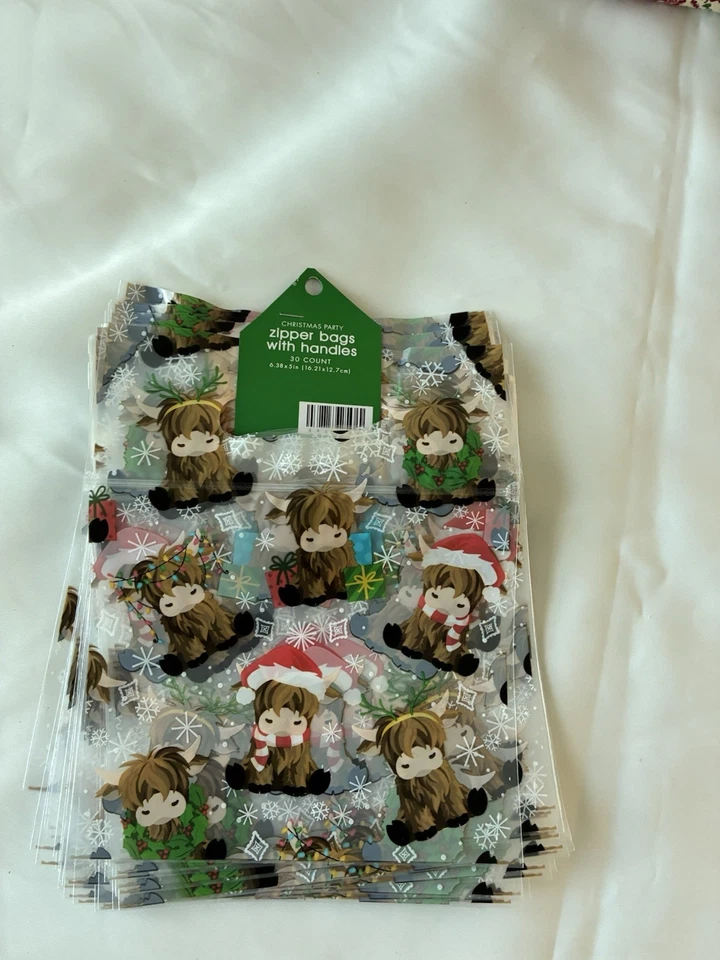 New Christmas Highland Cow Party Zipper Gift/Cookie Bags w/ Handles 30 Count