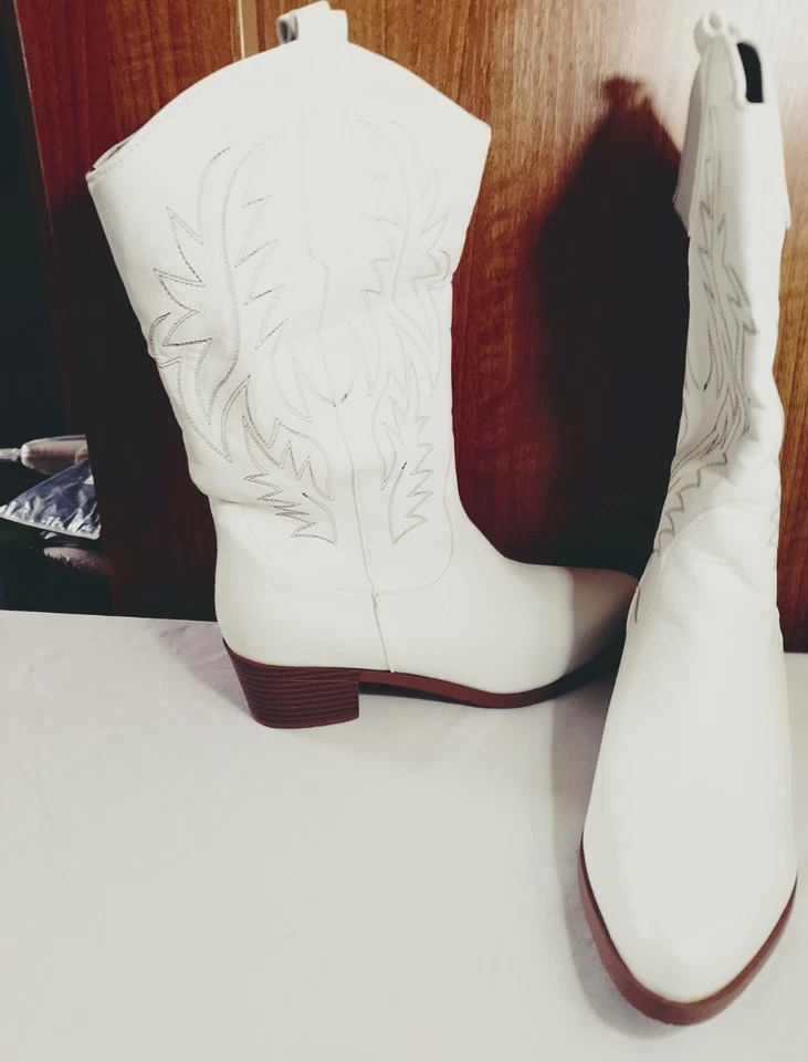 white Womens Cowboy Boots with black stitching detail
