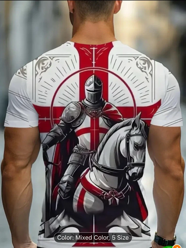 Men’s Medieval Knight Graphics T-shirt Light Shirt with St George’s Cross