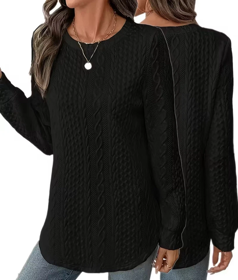 Black Solid Womens Plus Sizes Long Sleeve Crew Neck T-shirt For Winter Autumn